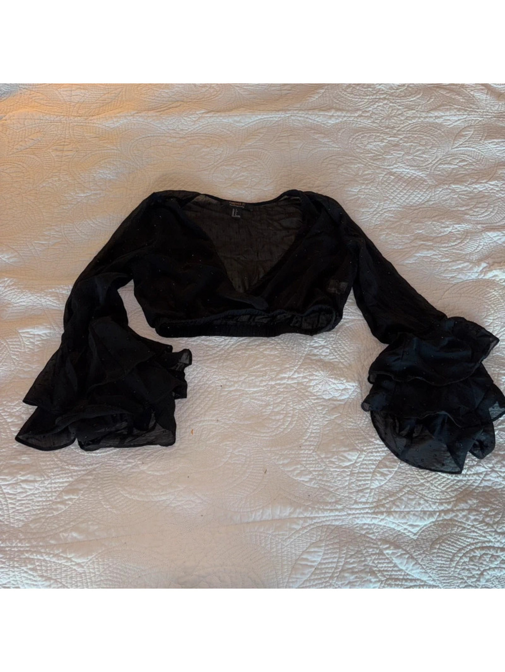 Gothic Whimsy Goth Alternative Black V Neck sparkly Top with Ruffled Sleeves